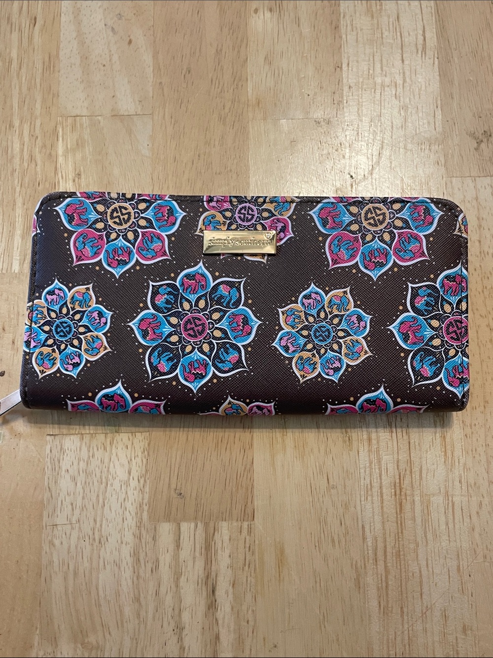 Simply Southern Brown Floral Medallion Zip Wallet with Pink & Blue Accents